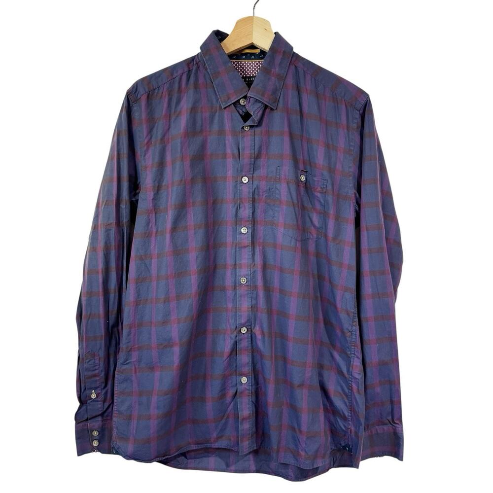 Ted Baker London Checker Plaid Button Down‎ Shirt Men Size 4 Navy Blue Purple